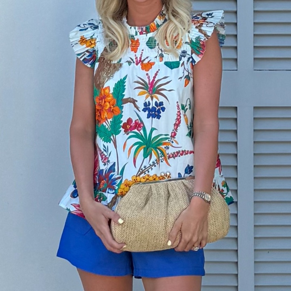 Floral Ruffle Sleeve Smocked Blouse - White/Multi